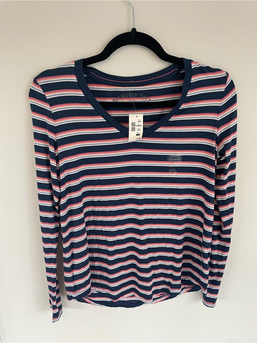 Aeropostale Navy Striped V-Neck Long Sleeve Top with Pink & White Accents
